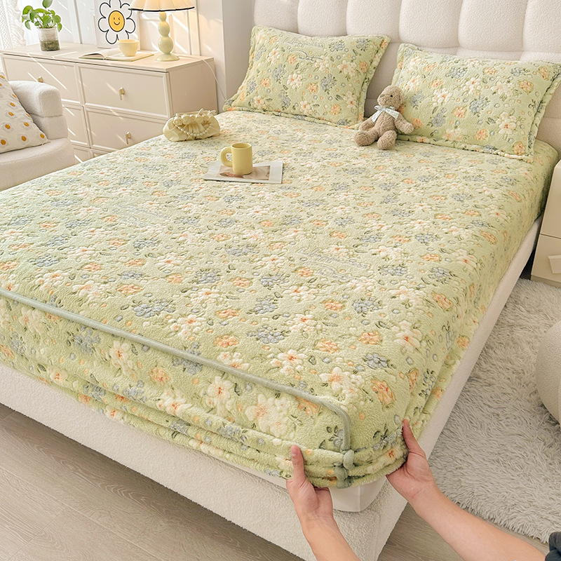 Home Textiles Bedding - Herbst- und Winter-Plüsch-Spannbettlaken-Set, Rutschfester Milch-Samt-Bettbezug mit